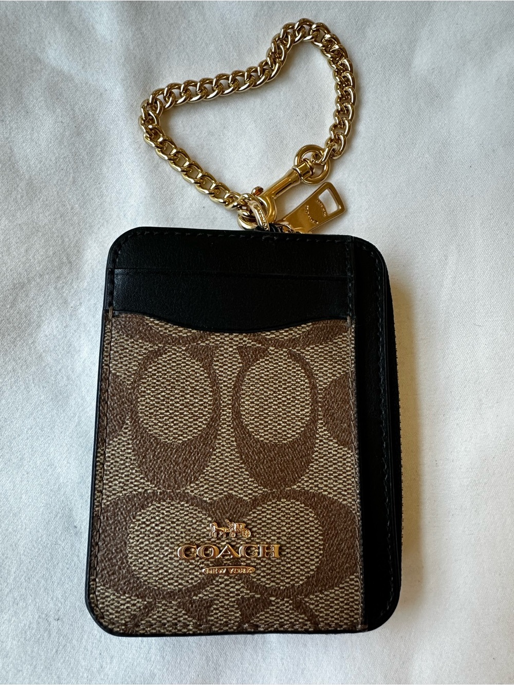 Coach Signature Canvas Zip Card Case ID Holder Keychain Wallet Khaki Brown Gold